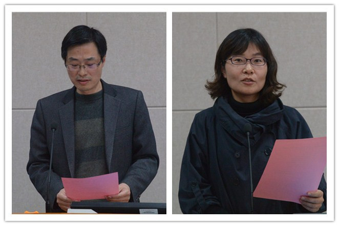 校社资处副处长张文（左）宣读“远东奖学金”评选办法、校学工部副部长张海峰（右）宣读获奖名单